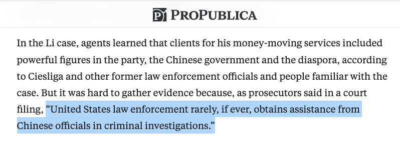 US law enforcement rarely obtains assistance from China